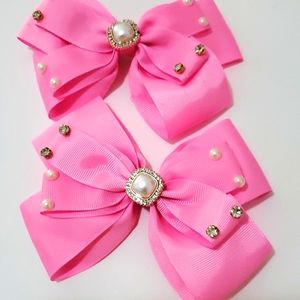 Girl Hair Bows with Pearl & Rhinestone in Pink Color